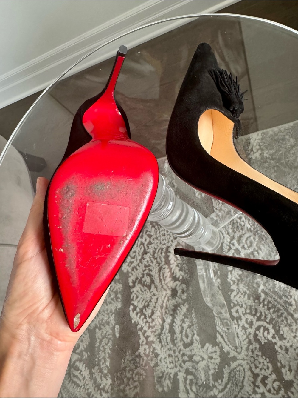 Christian Louboutin Black Suede Tassel Pointed-Toe Stiletto Pumps - Picture 6 of 8